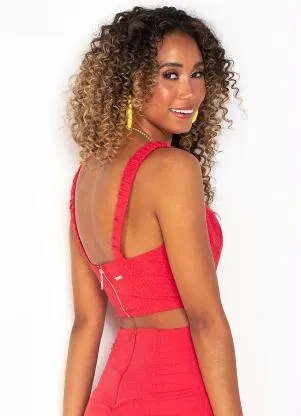 Colcci - Top Cropped de Viscose Devorê Vermelho - COLCCI