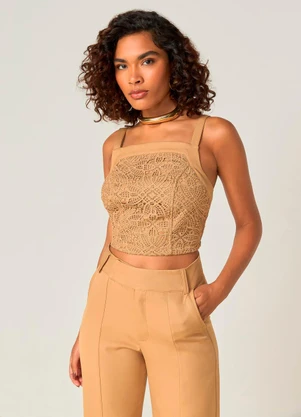 Elegance - Top Cropped em Renda com Alças Finas Marrom - ELEGANCE