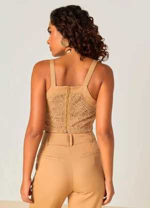Elegance - Top Cropped em Renda com Alças Finas Marrom - ELEGANCE