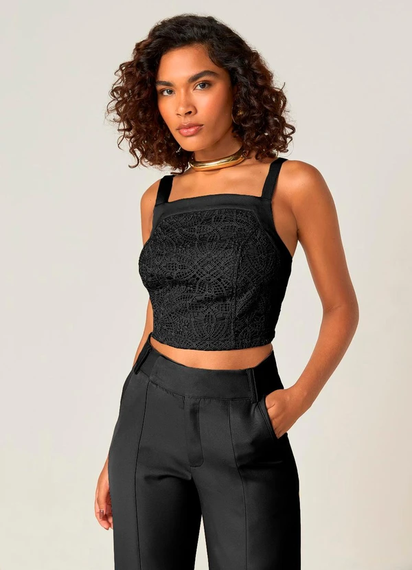 Elegance - Top Cropped em Renda com Alças Finas Preto