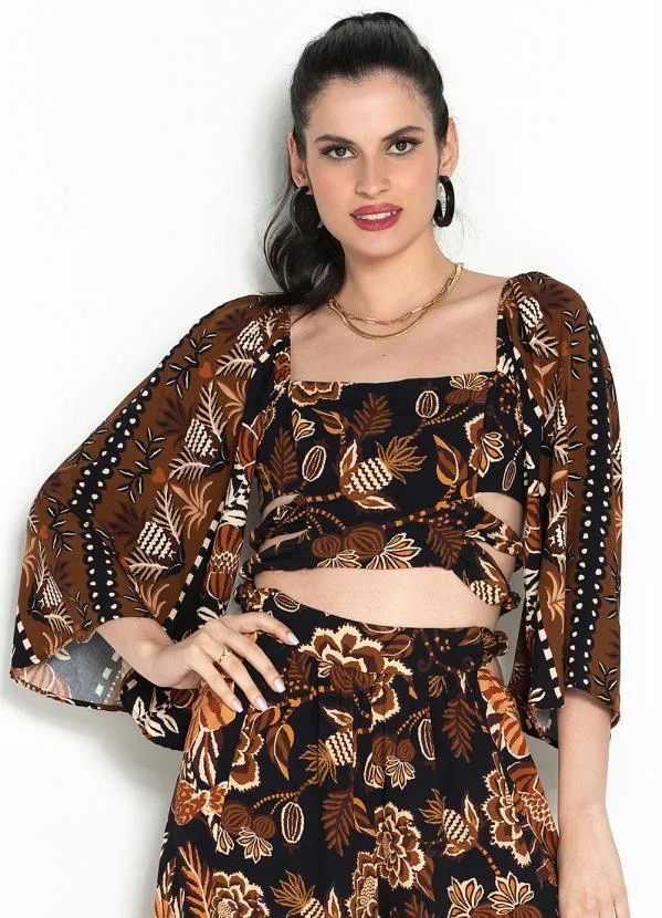 Farm - Top de Viscose Manga Jardim de Outono Marrom