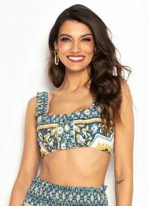 Farm - Top Franzido de Viscose Tropicale Azul - FARM