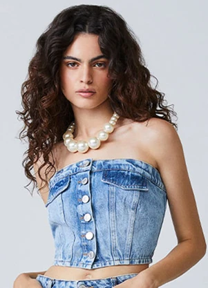 Authoria - Top Jeans com Lapelas e Recortes Azul - AUTHORIA