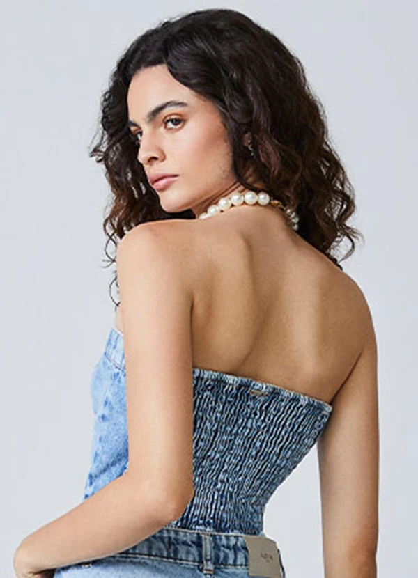 Authoria - Top Jeans com Lapelas e Recortes Azul 2