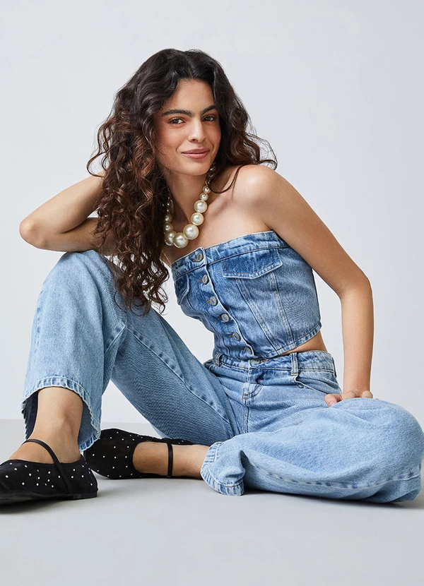 Authoria - Top Jeans com Lapelas e Recortes Azul 6