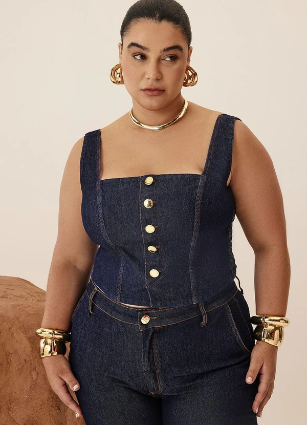 Elegance - Top Jeans com Lastex na Costas Azul Jeans Medio