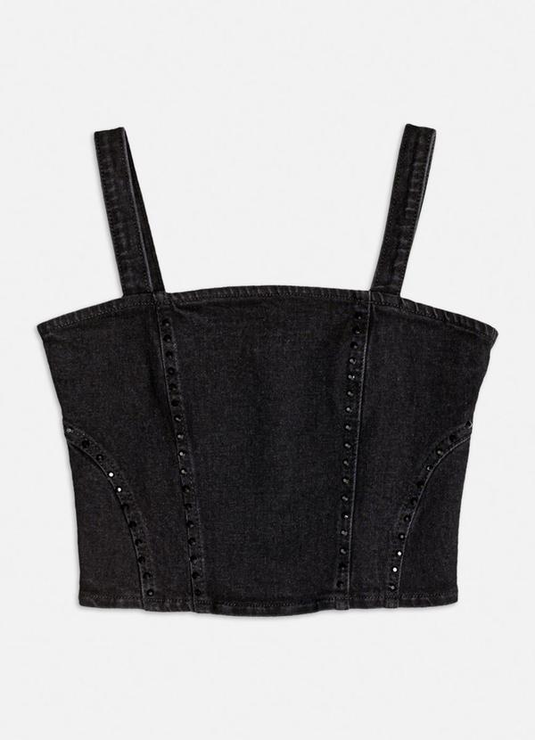 Authoria - Top Jeans Preto com Pedraria Preto