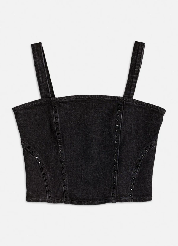 Authoria - Top Jeans Preto com Pedraria Preto