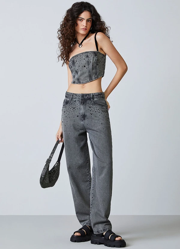 Authoria - Top Jeans Preto com Pedrarias Preto 3