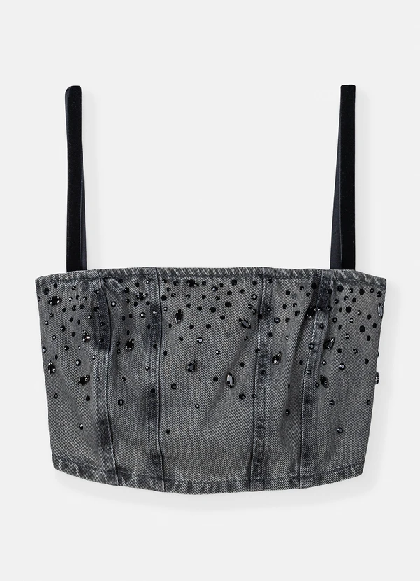 Authoria - Top Jeans Preto com Pedrarias Preto 5