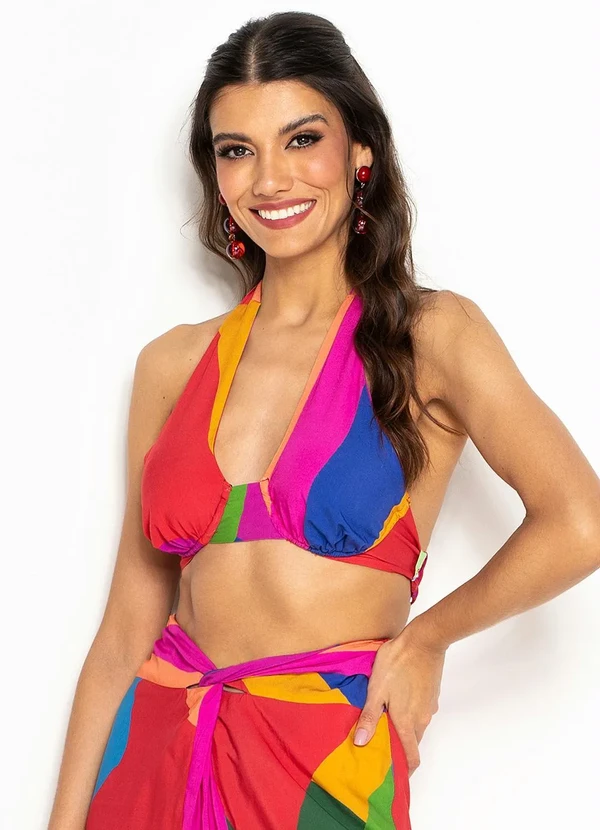 Farm - Top Lenço de Viscose Costela de Cor Rosa