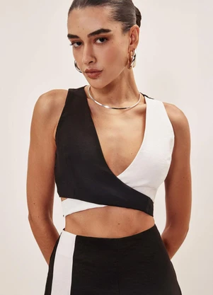 Elegance - Top Transpassado Bicolor Preto c/ Off White - ELEGANCE