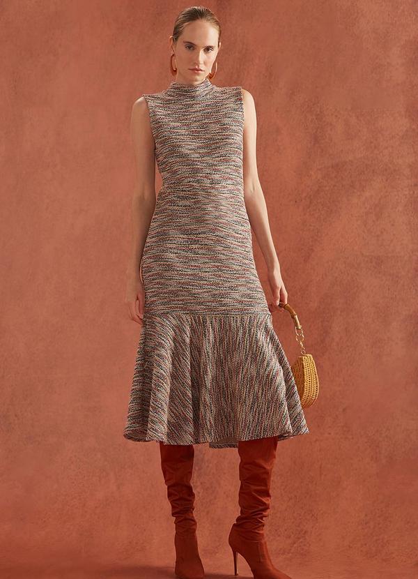 Linzzi - Vestido Midi em Malha Tweed Verde Escuro