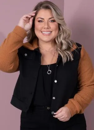 Quintess - Casaco em Moletom Preto e Caramelo com Pelinho - QUINTESS