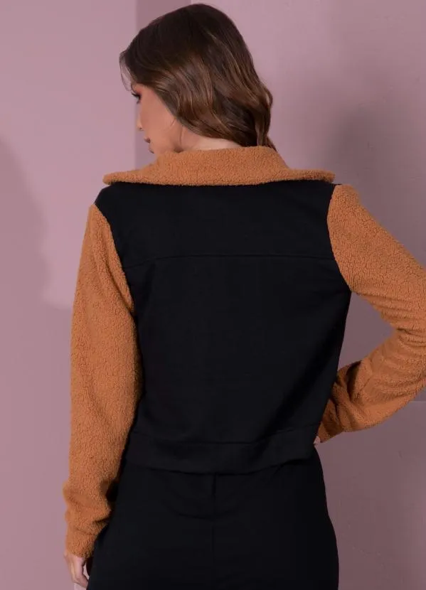 Quintess - Casaco em Moletom Preto e Caramelo com Pelinho 9