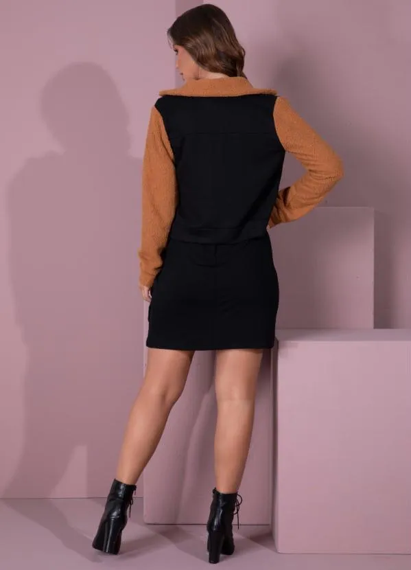 Quintess - Casaco em Moletom Preto e Caramelo com Pelinho 7