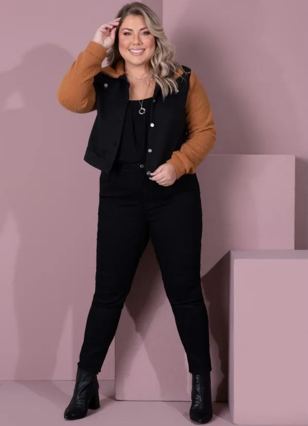 Quintess - Casaco em Moletom Preto e Caramelo com Pelinho 2