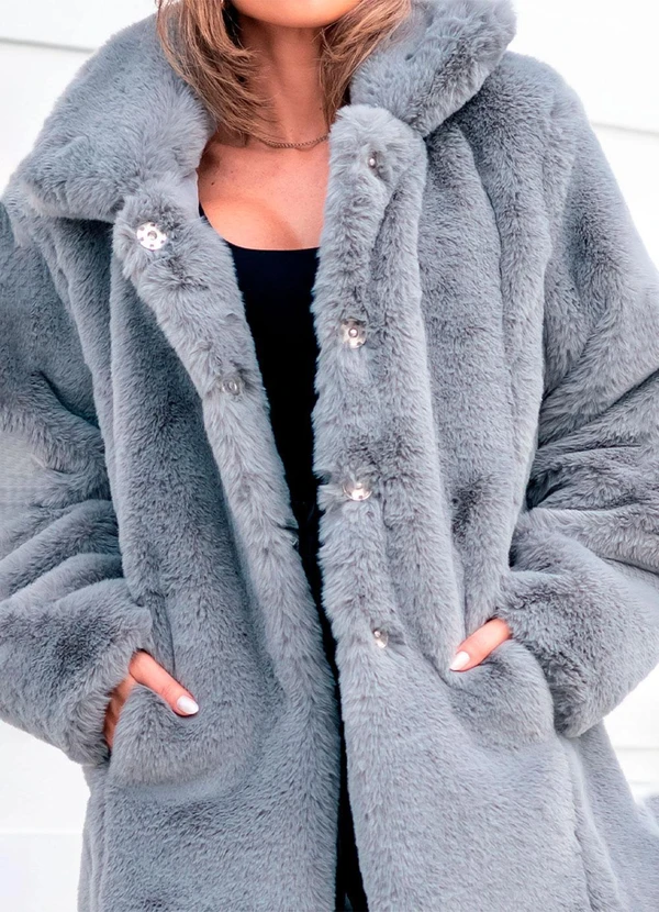 Hiatto Confecção - Casaco Feminino Alongado em Pelo Cinza 3