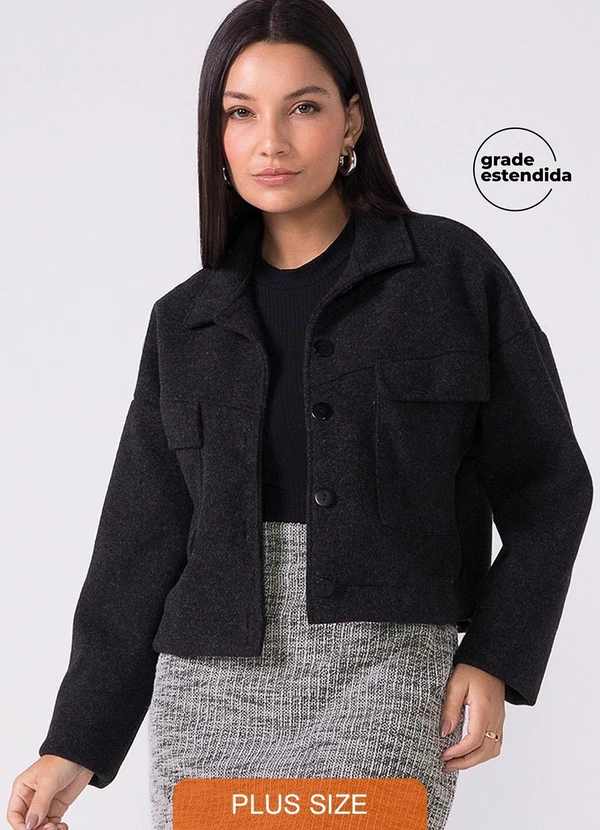 Marialícia - Casaco Feminino Lã Batida com Bolsos Preto