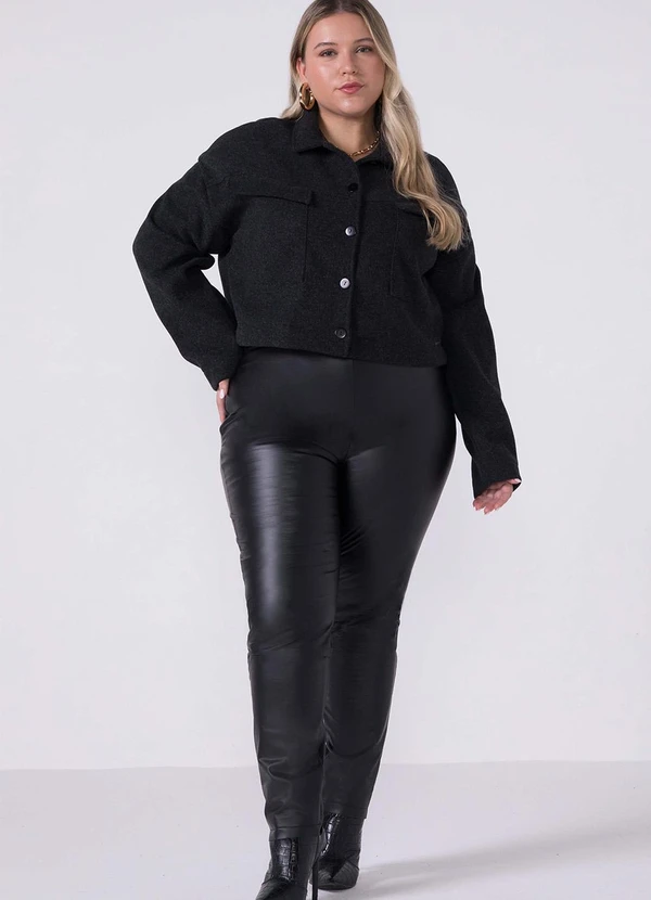 Marialícia - Casaco Feminino Lã Batida com Bolsos Preto 2