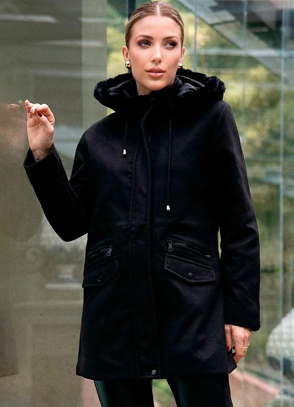 Hiatto Confecção - Casaco Feminino Lã Batida Zíper Preto 1