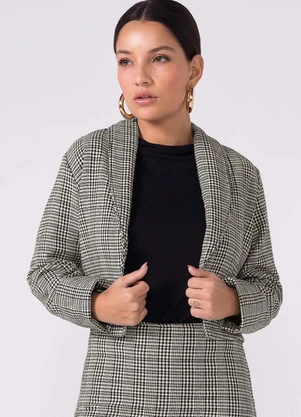 Marialícia - Casaco Feminino Tweed Xadrez Preto - MARIALÍCIA