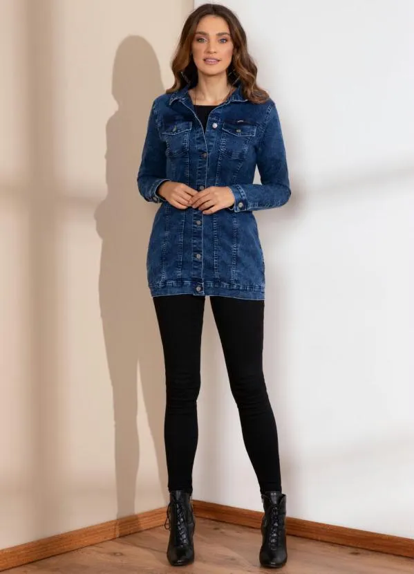Quintess - Jaqueta Alongada Jeans Escuro com Bolsos 10