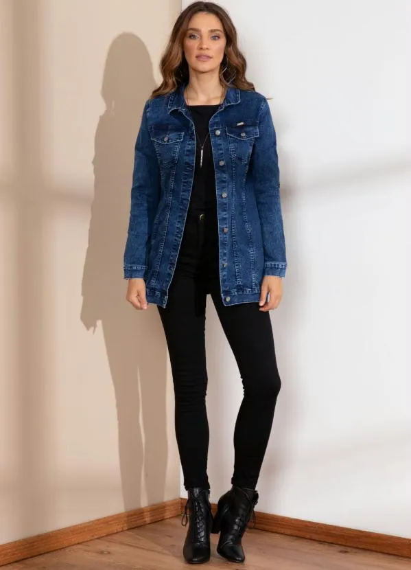 Quintess - Jaqueta Alongada Jeans Escuro com Bolsos 7