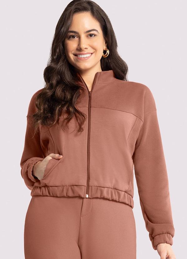 Lunender - Jaqueta Bomber em Moletom com Bolso Marrom