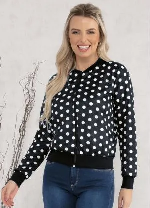 Moda Pop - Jaqueta Bomber Poá Preto com Zíper - MODA POP