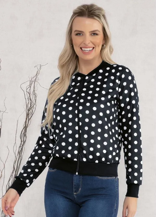 Moda Pop - Jaqueta Bomber Poá Preto com Zíper