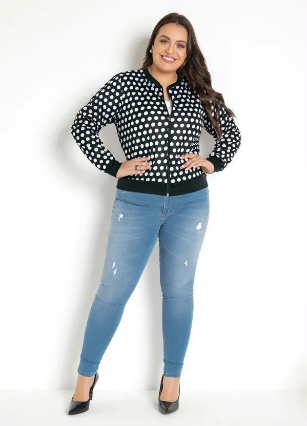 Moda Pop - Jaqueta Bomber Poá Preto com Zíper 12