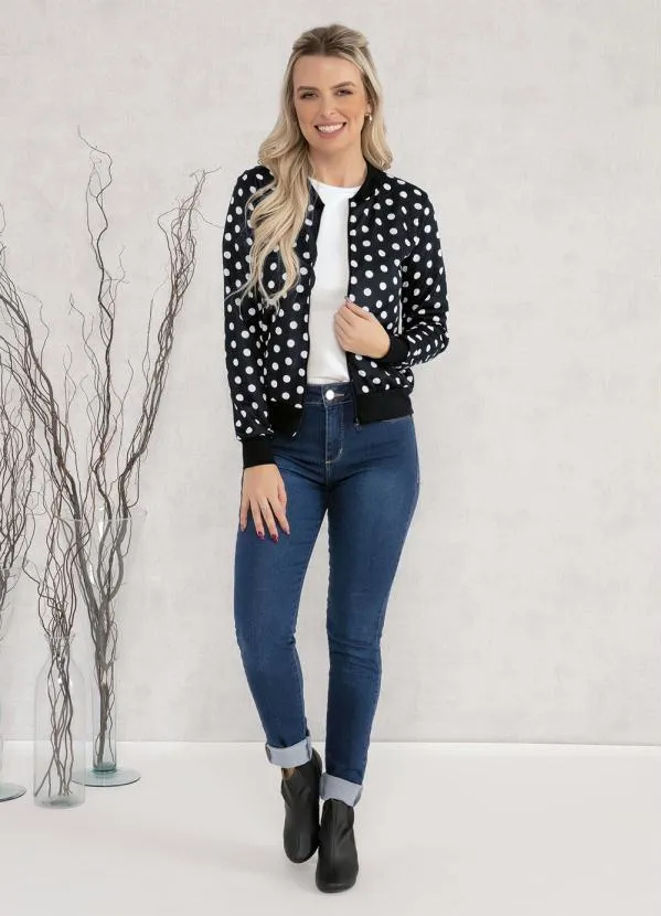 Moda Pop - Jaqueta Bomber Poá Preto com Zíper 3