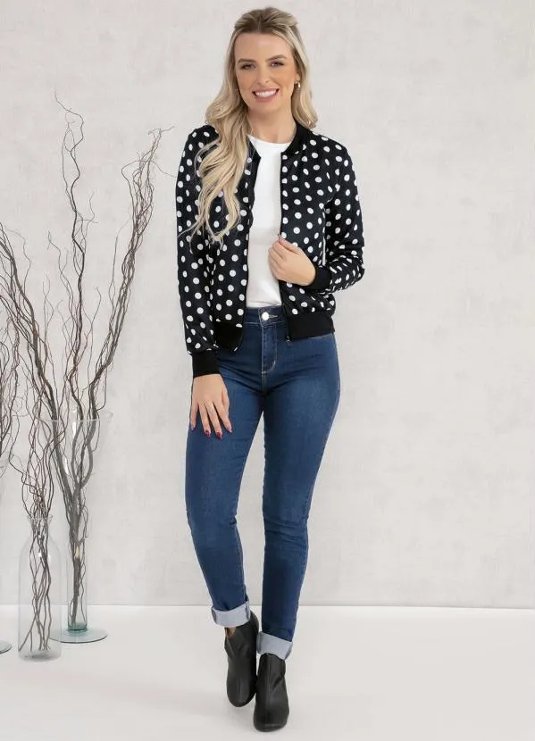 Moda Pop - Jaqueta Bomber Poá Preto com Zíper 4