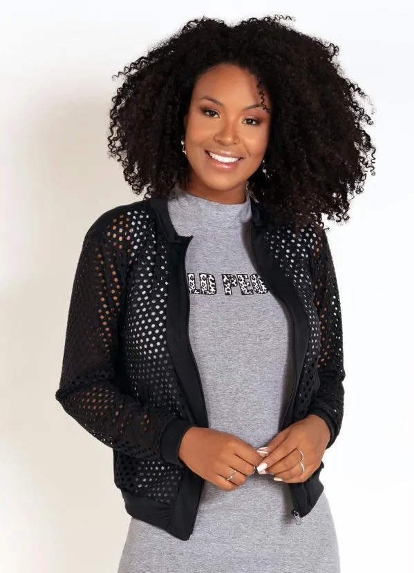 Moda Pop - Jaqueta Bomber Preta em Malha Arrastão 1