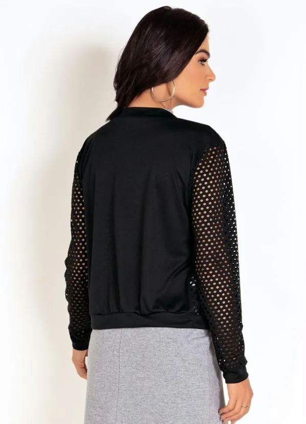 Moda Pop - Jaqueta Bomber Preta em Malha Arrastão 2