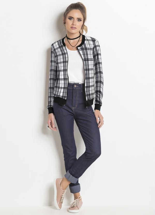 Moda Pop - Jaqueta Bomber Xadrez Preto com Zíper 3