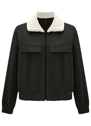 Lunender - Jaqueta com Gola em Pelo Carneirinho Preto - LUNENDER