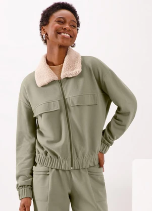 Lunender - Jaqueta com Gola em Pelo Carneirinho Verde - LUNENDER