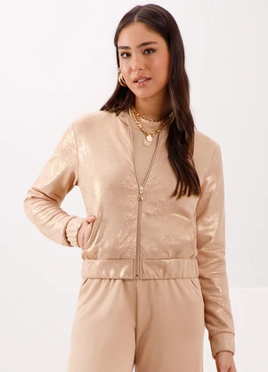 Lunender - Jaqueta com Zíper em Malha com Brilho Bege - LUNENDER