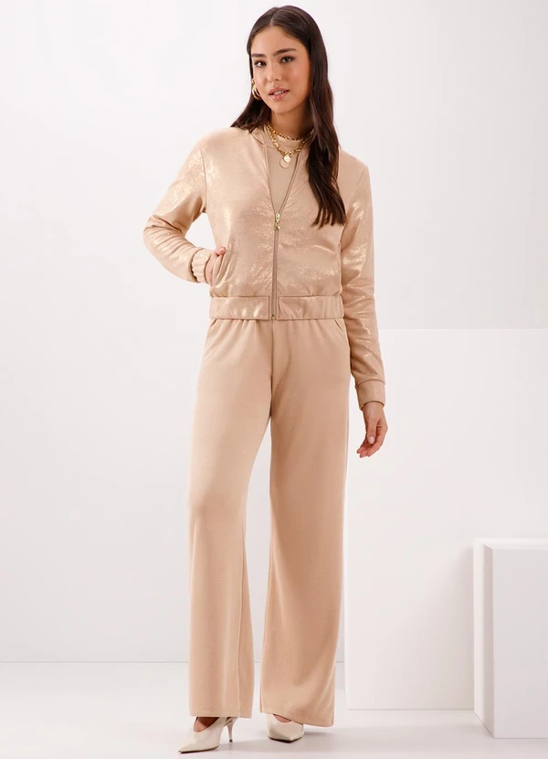 Lunender - Jaqueta com Zíper em Malha com Brilho Bege 3