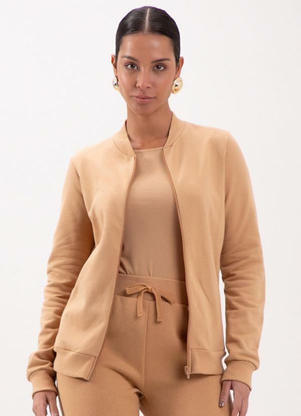 Lunender - Jaqueta com Zíper em Moletom Felpado Bege