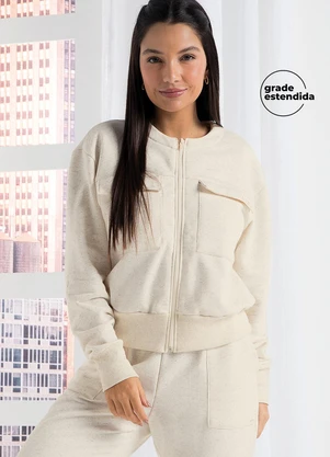 Marialícia - Jaqueta Comfy Moletom Bolsos Frontais Bege - MARIALÍCIA