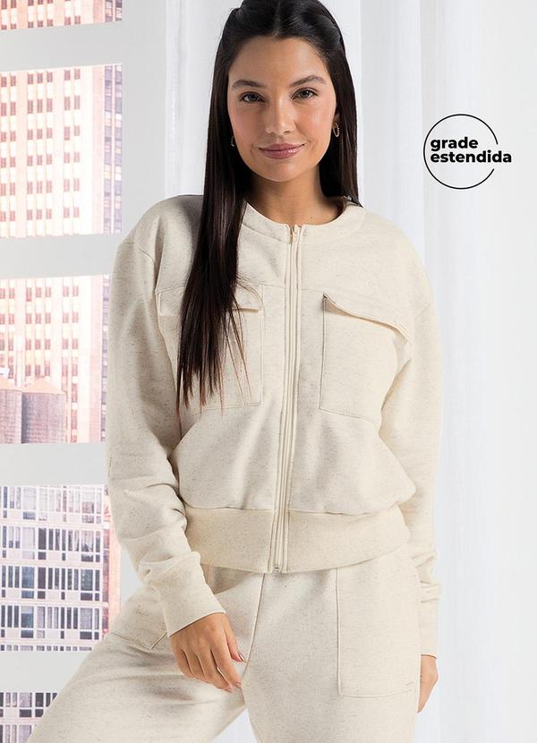 Marialícia - Jaqueta Comfy Moletom Bolsos Frontais Bege