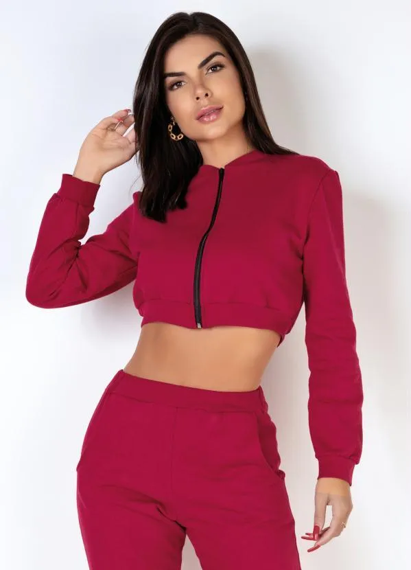 Moda Pop - Jaqueta Cropped Cereja com Zíper