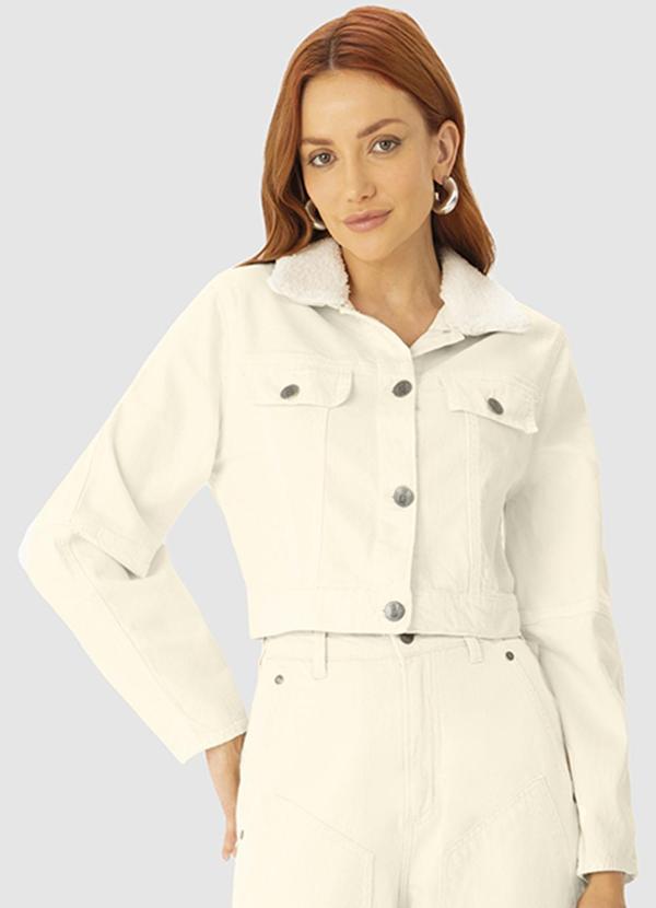 Enfim - Jaqueta Cropped em Sarja Bege