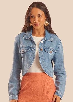 Doce Trama - Jaqueta Cropped Jeans Barra Arredondada Azul - DOCE TRAMA