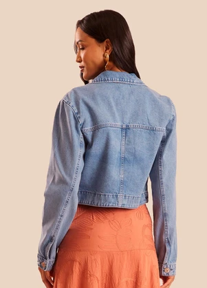 Doce Trama - Jaqueta Cropped Jeans Barra Arredondada Azul - DOCE TRAMA