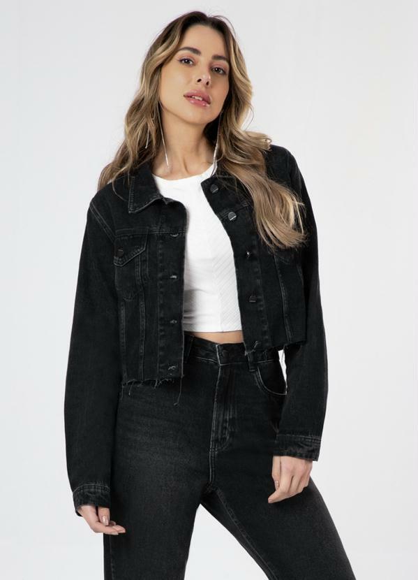 Lunender - Jaqueta Cropped Jeans Preta com Bordado Preto