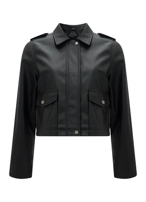 Lunender - Jaqueta de Mangas Longas com Gola em Pu Preto - LUNENDER